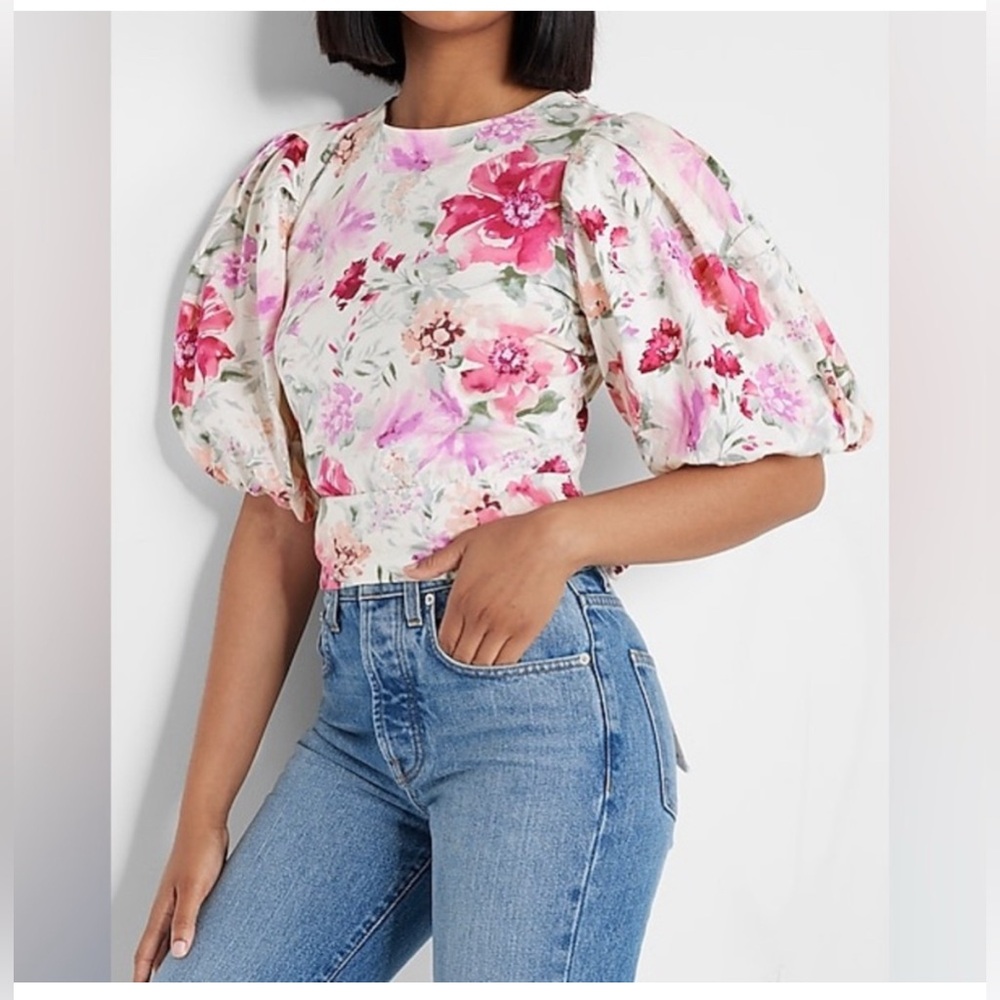 Express Puff Sleeve Floral Tie Back Top Size Small - Picture 2 of 15